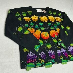 Jane's Closet Black Autumn Harvest Pumpkin Grape Sequin Knit Cardigan Sweater L
